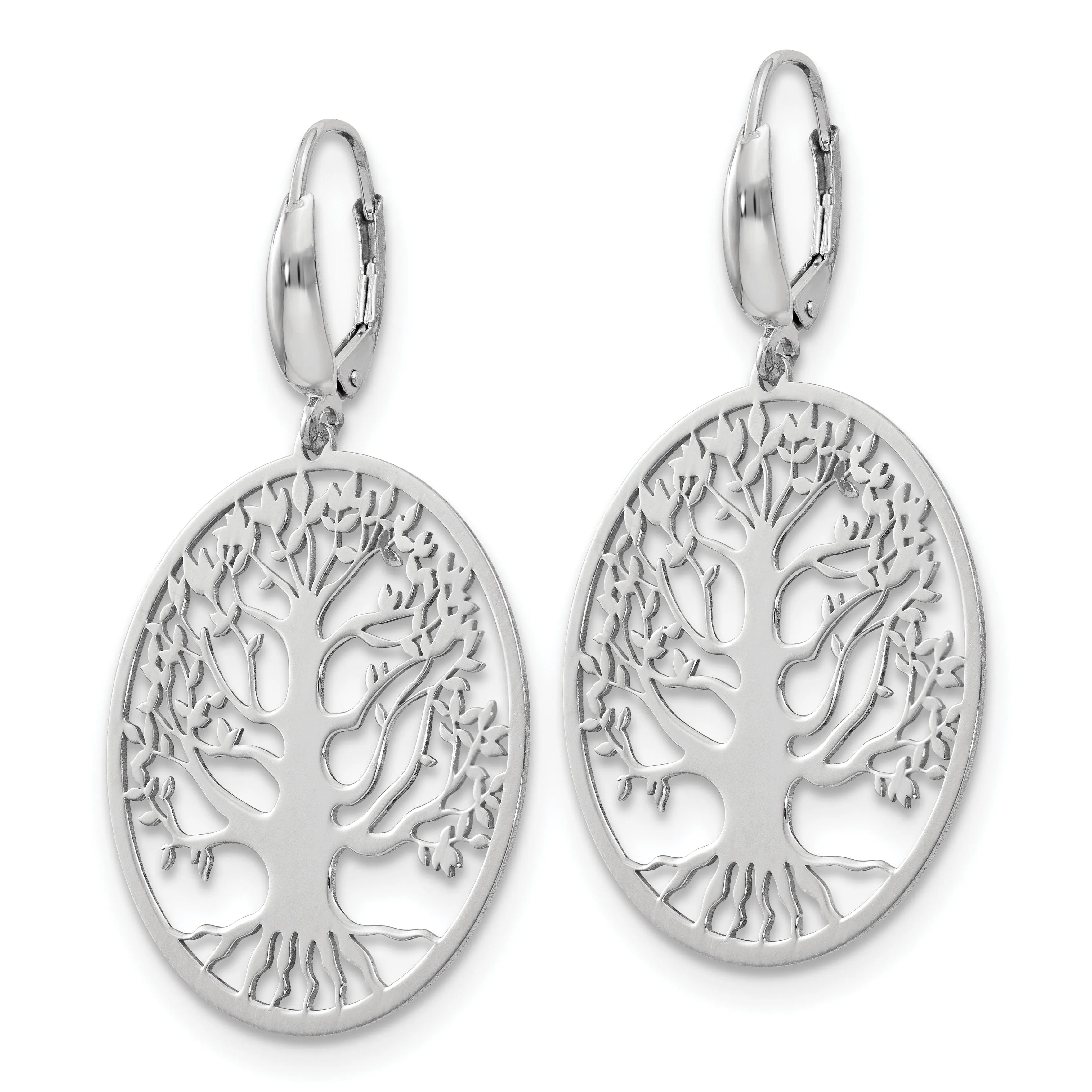 Silver Polished Tree of Life Leverback Dangle Earrings