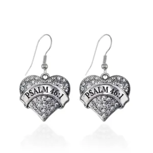 Silver Psalm 46:1 Pave Heart Charm Dangle Earrings