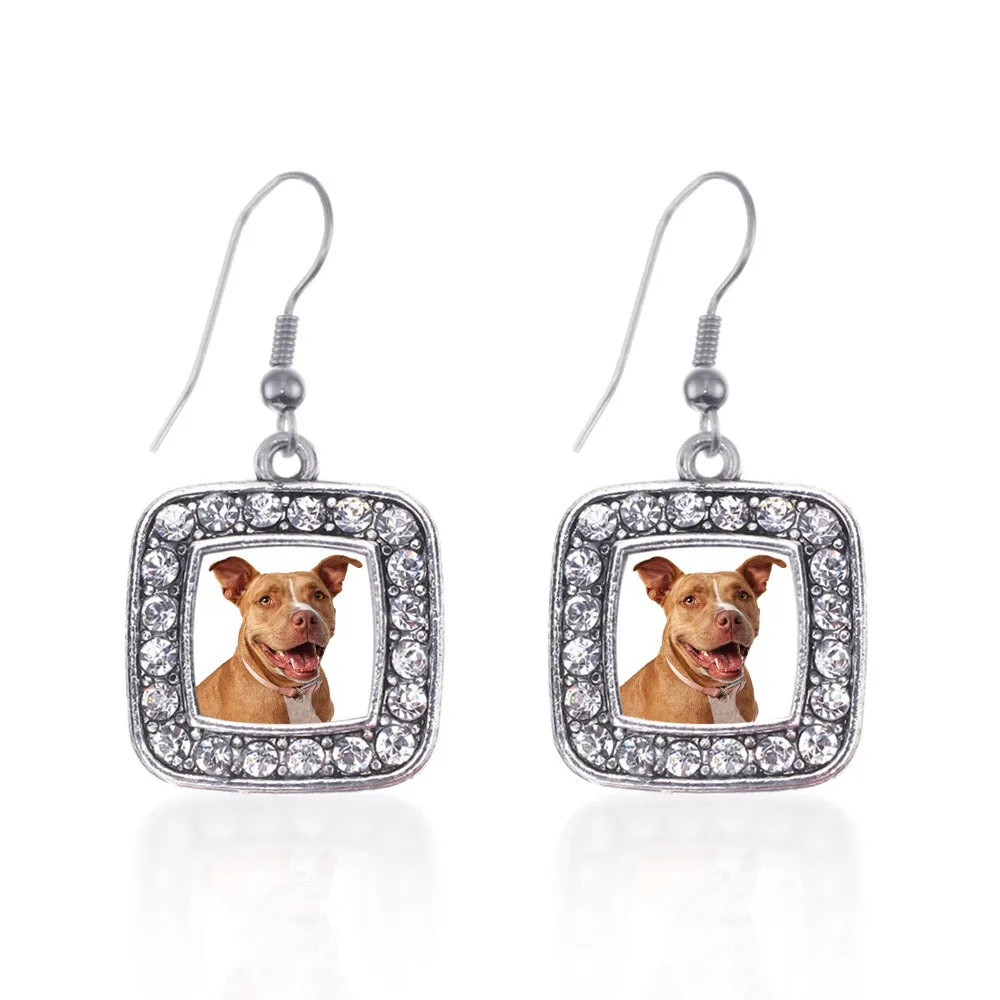 Silver Red Pit Bull Square Charm Dangle Earrings