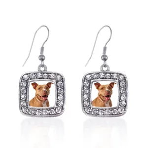 Silver Red Pit Bull Square Charm Dangle Earrings