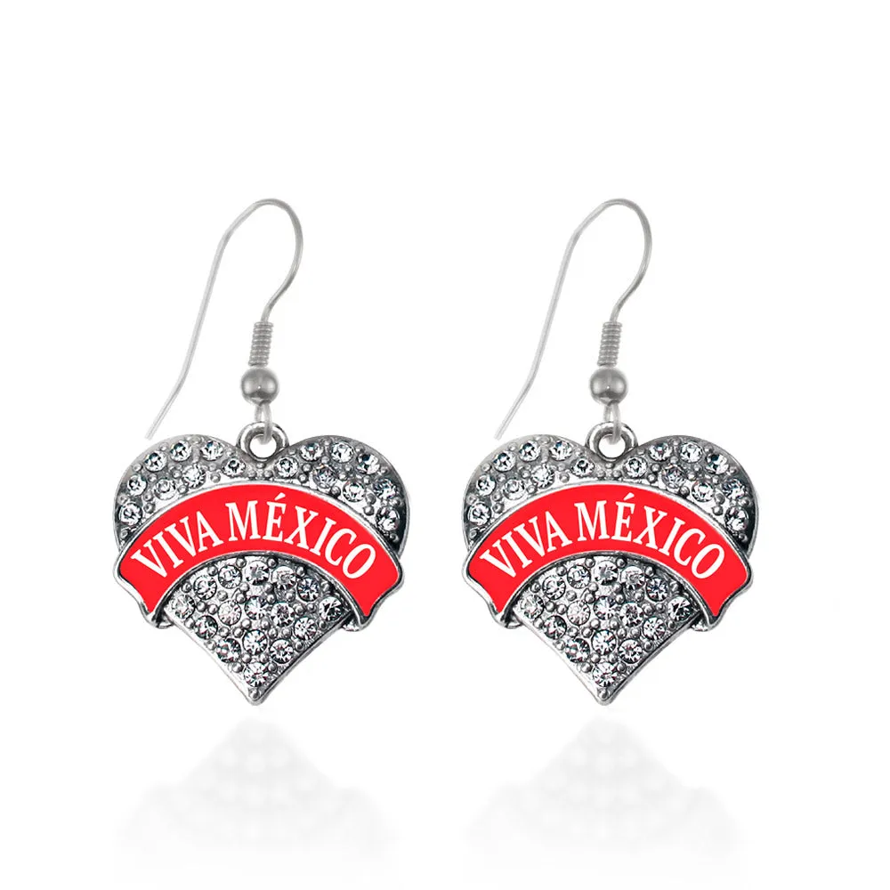 Silver Red Viva México Pave Heart Charm Dangle Earrings