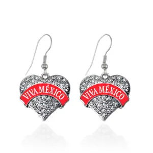 Silver Red Viva México Pave Heart Charm Dangle Earrings