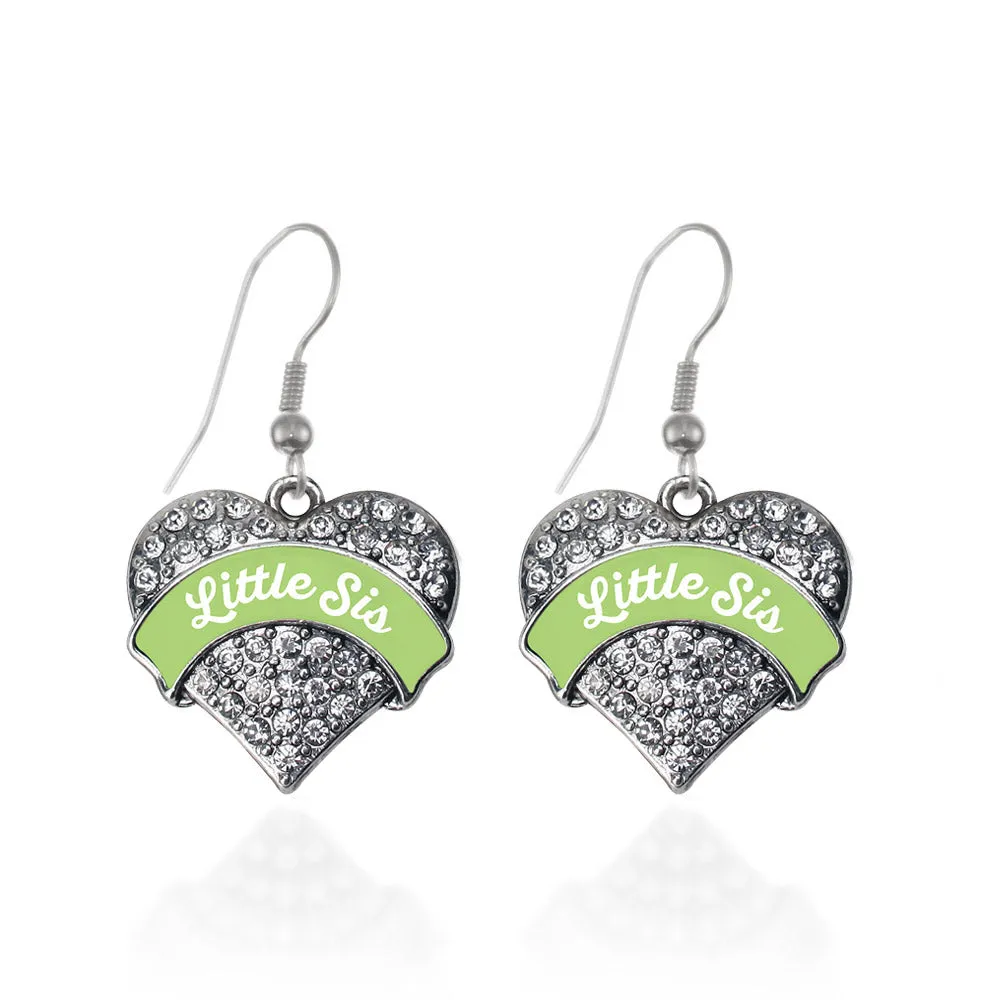 Silver Sage Green Little Sister Pave Heart Charm Dangle Earrings