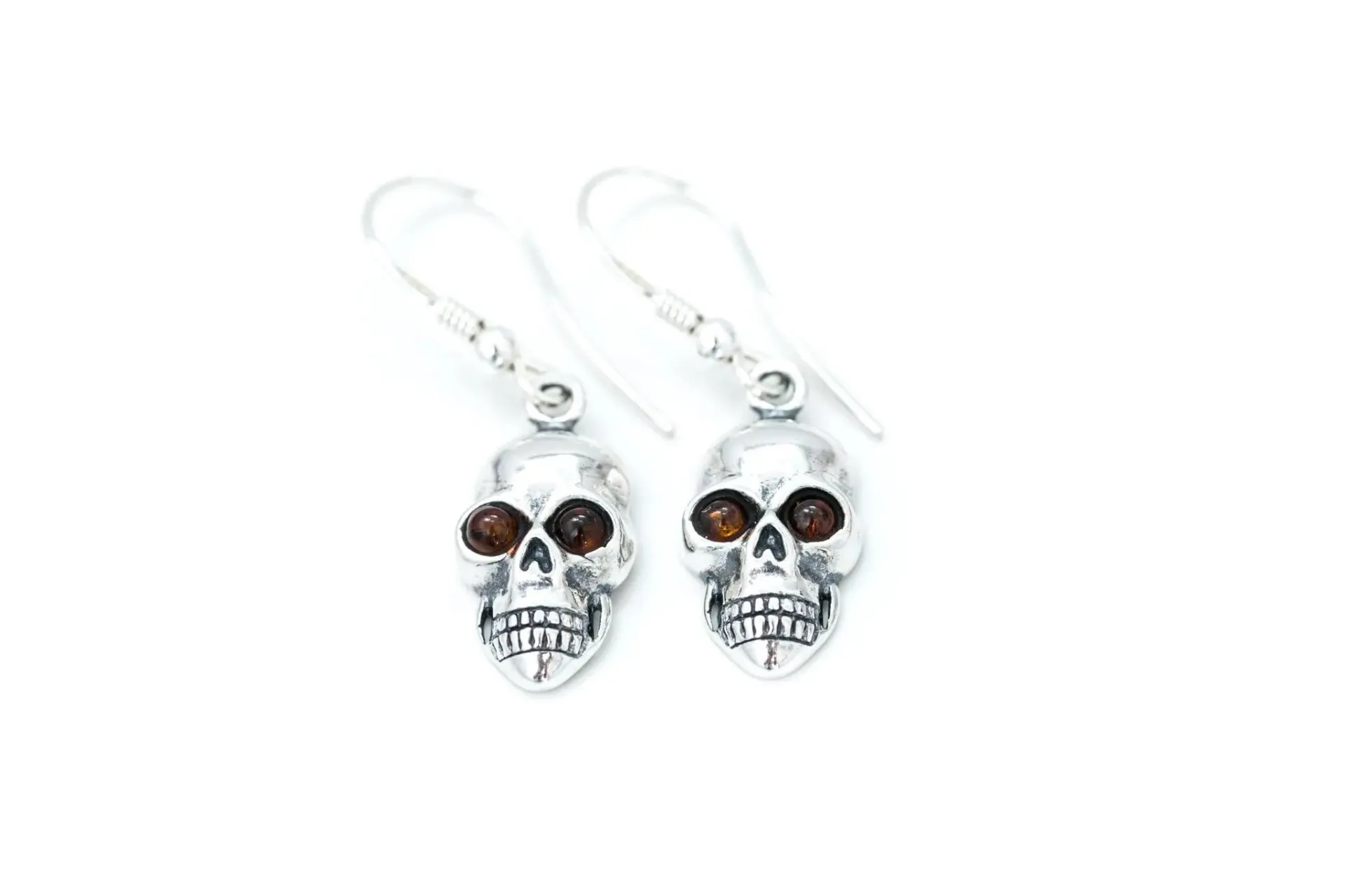 Silver Skull Dangle Earrings - Gothic Halloween Accessory with Baltic Amber Eyes