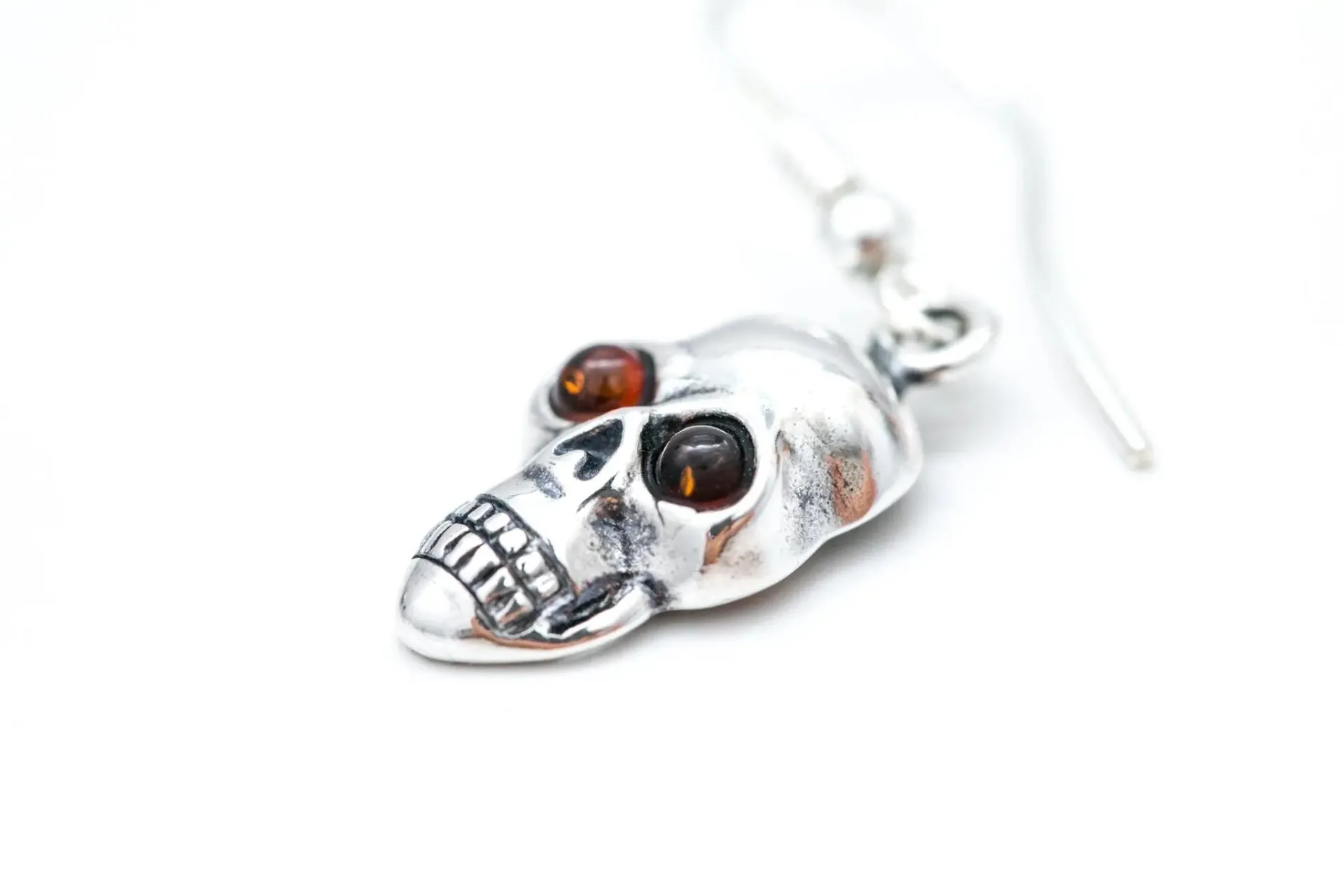 Silver Skull Dangle Earrings - Gothic Halloween Accessory with Baltic Amber Eyes