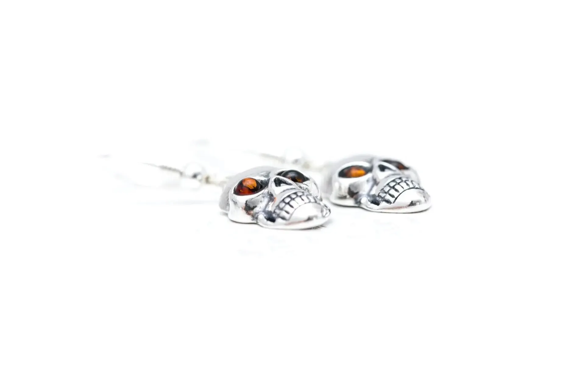 Silver Skull Dangle Earrings - Gothic Halloween Accessory with Baltic Amber Eyes