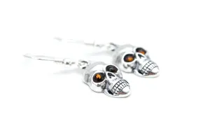 Silver Skull Dangle Earrings - Gothic Halloween Accessory with Baltic Amber Eyes