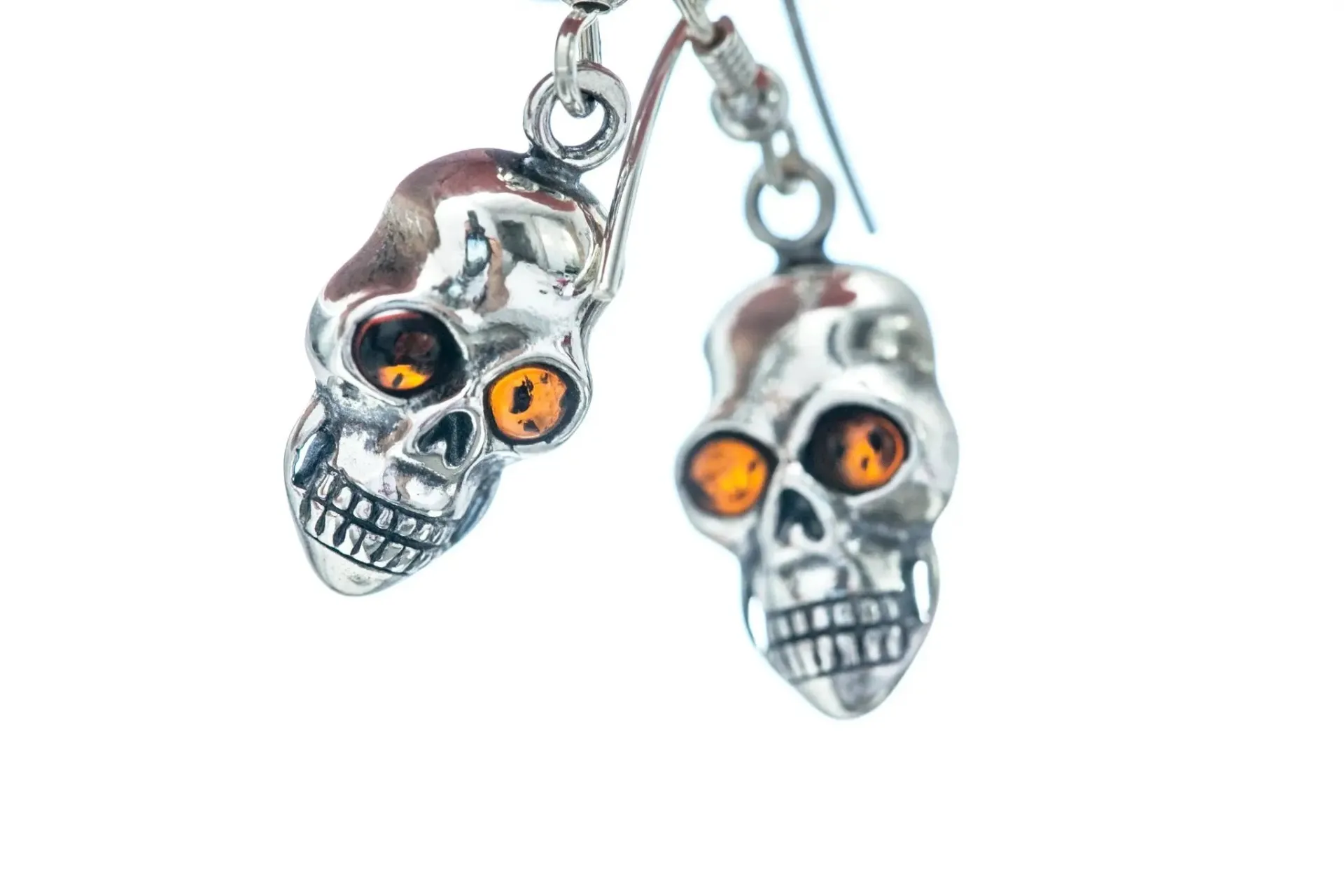 Silver Skull Dangle Earrings - Gothic Halloween Accessory with Baltic Amber Eyes