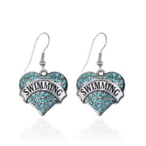 Silver Swimming Aqua Pave Heart Charm Dangle Earrings