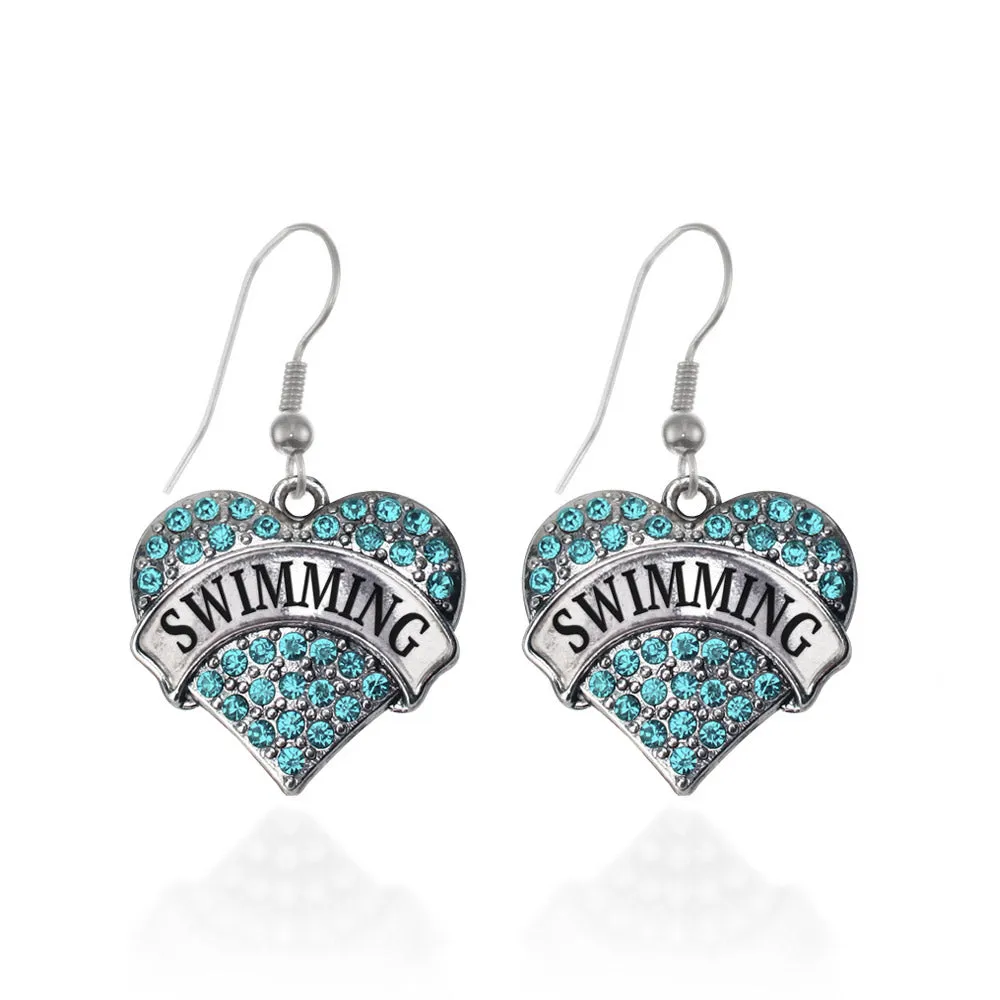 Silver Swimming Aqua Pave Heart Charm Dangle Earrings