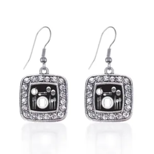 Silver Table Set Square Charm Dangle Earrings