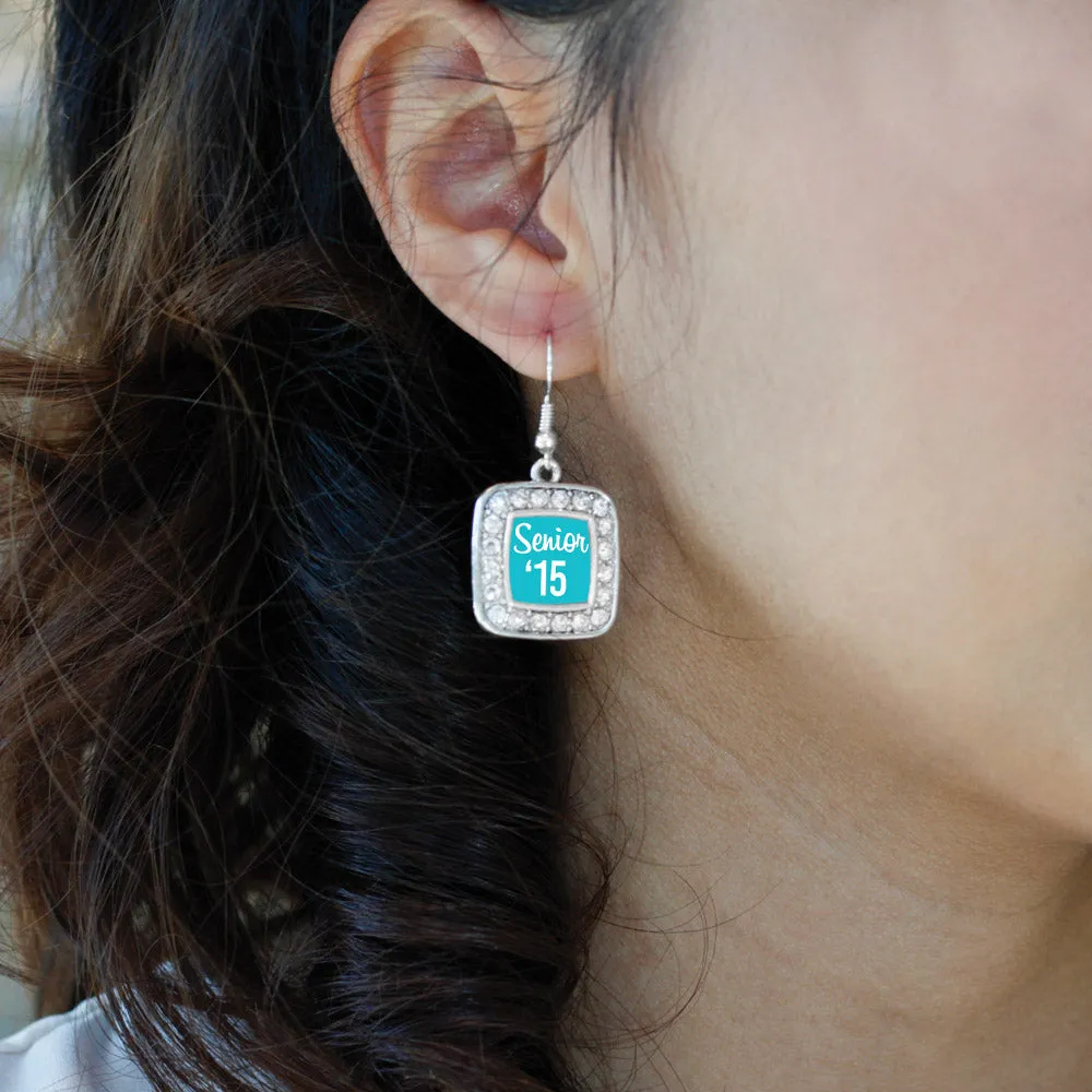 Silver Teal Senior '15 Square Charm Dangle Earrings