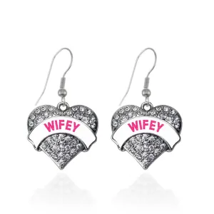 Silver Wifey White Candy Pave Heart Charm Dangle Earrings