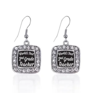 Silver World's Best 2nd Grade Teacher Square Charm Dangle Earrings