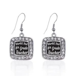 Silver World's Best 8th Grade Teacher Square Charm Dangle Earrings