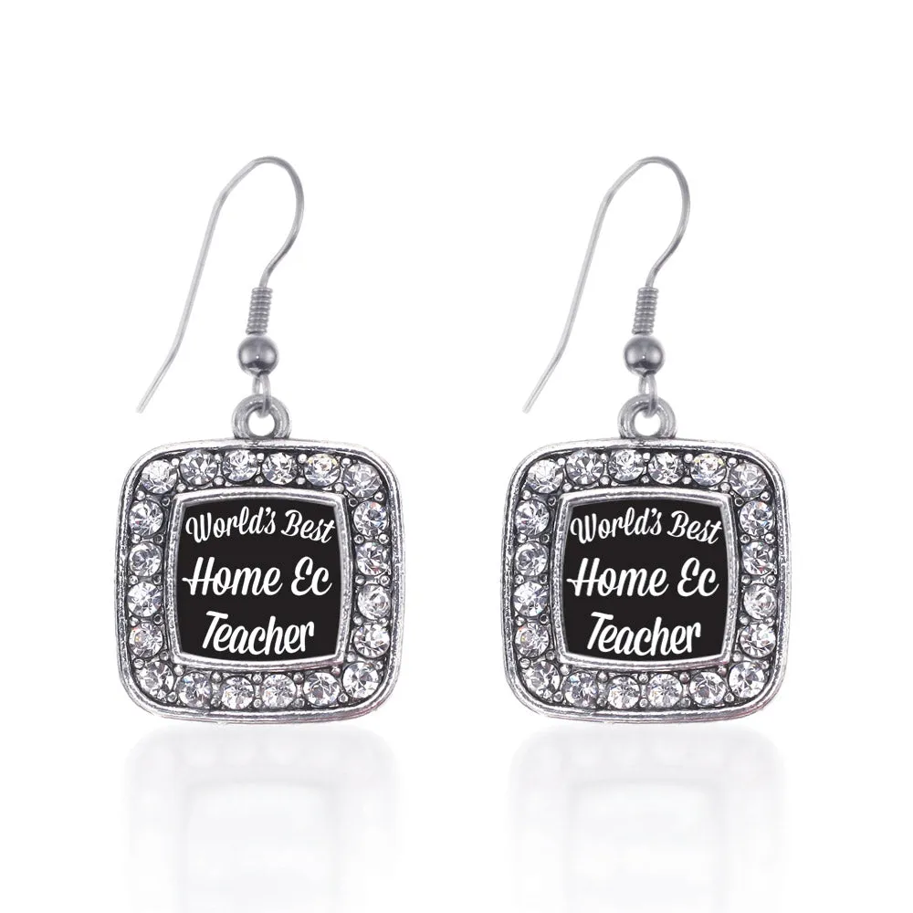 Silver World's Best Home Ec Teacher Square Charm Dangle Earrings