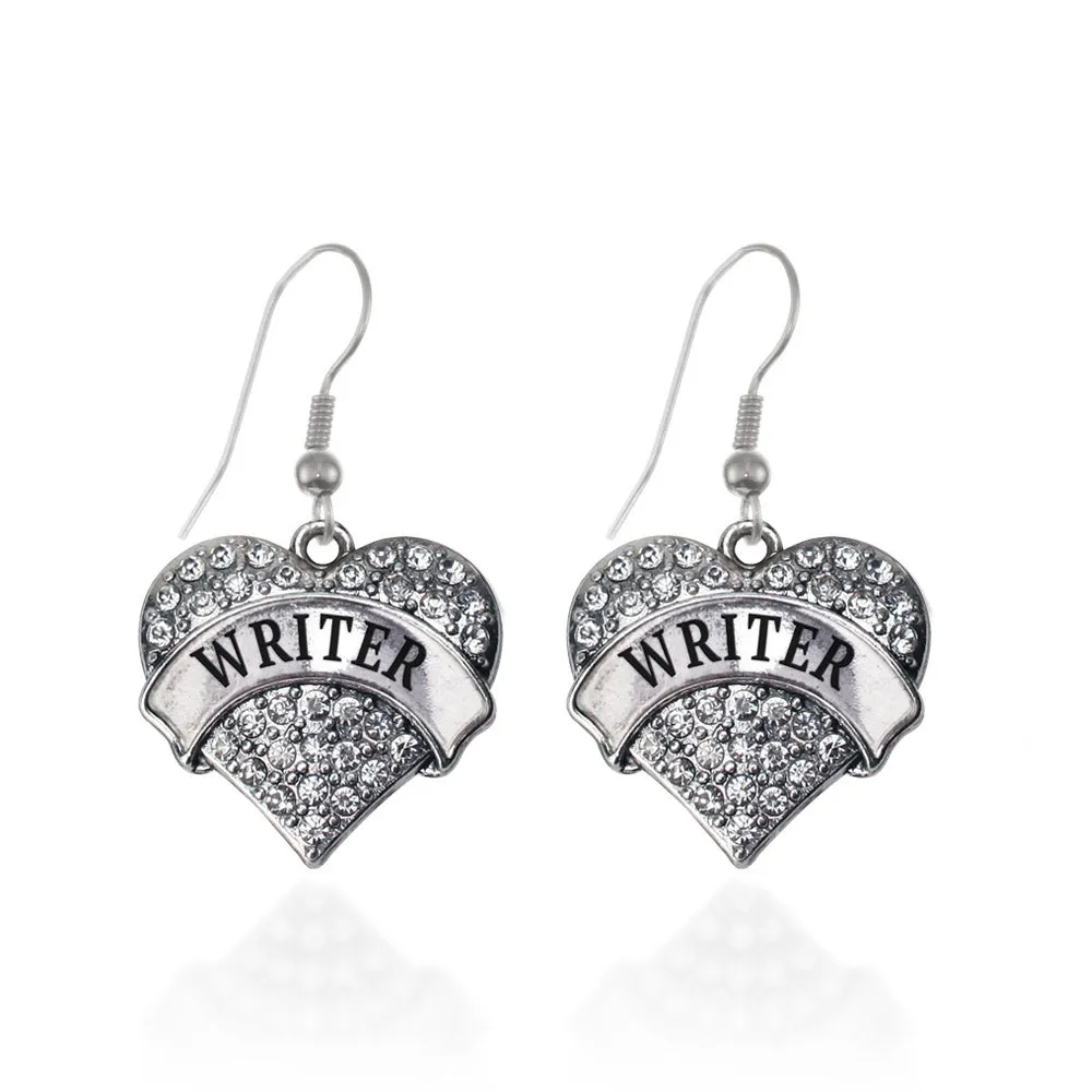 Silver Writer Pave Heart Charm Dangle Earrings