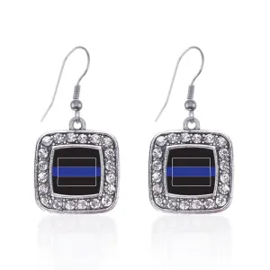 Silver Wyoming Thin Blue Line Square Charm Dangle Earrings