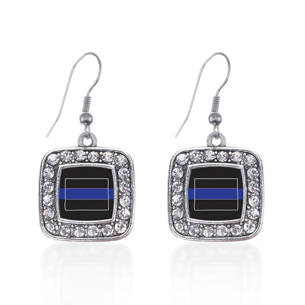 Silver Wyoming Thin Blue Line Square Charm Dangle Earrings