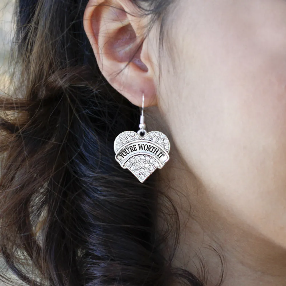 Silver You're Worth It Pave Heart Charm Dangle Earrings