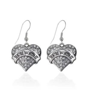 Silver You're Worth It Pave Heart Charm Dangle Earrings