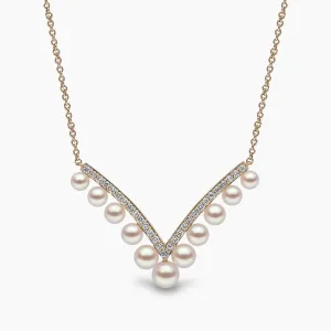 Sleek 18K Gold Pearl and Diamond V Necklace