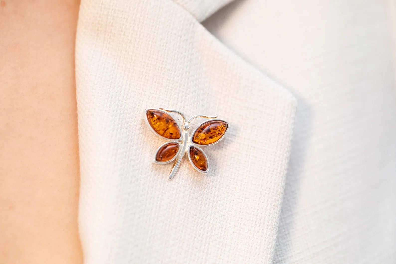 Small Amber Butterfly Brooch - Sterling Silver Frame, Cognac Amber, 25mm x 20mm