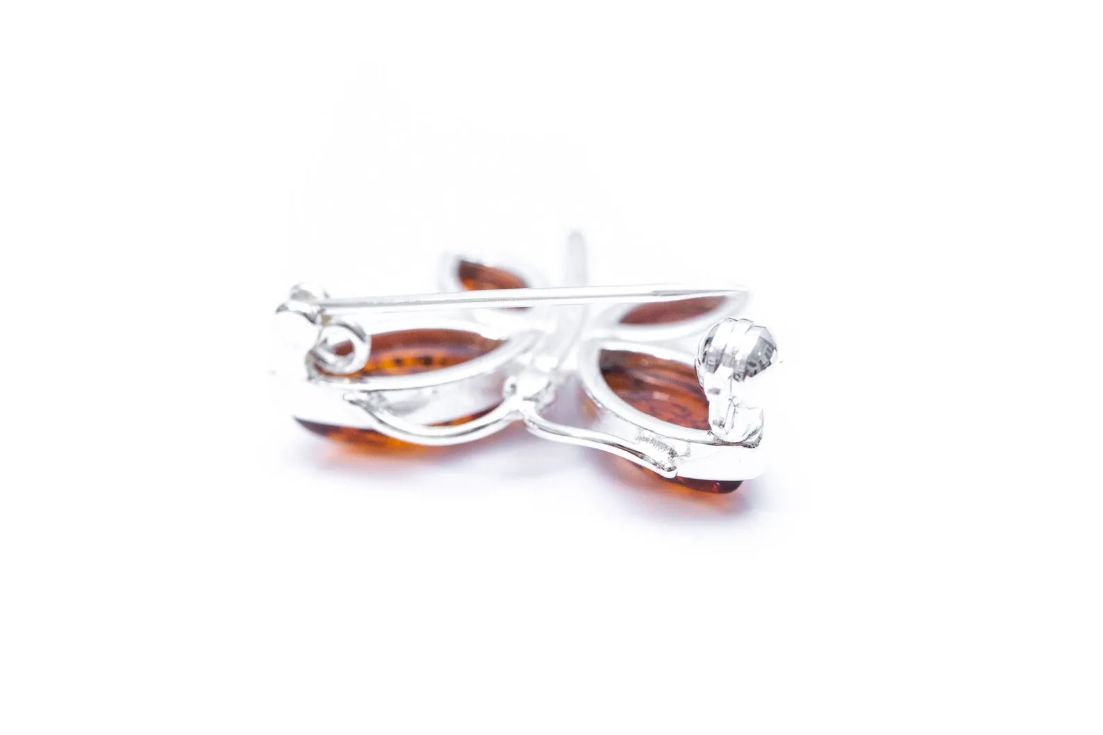 Small Amber Butterfly Brooch - Sterling Silver Frame, Cognac Amber, 25mm x 20mm