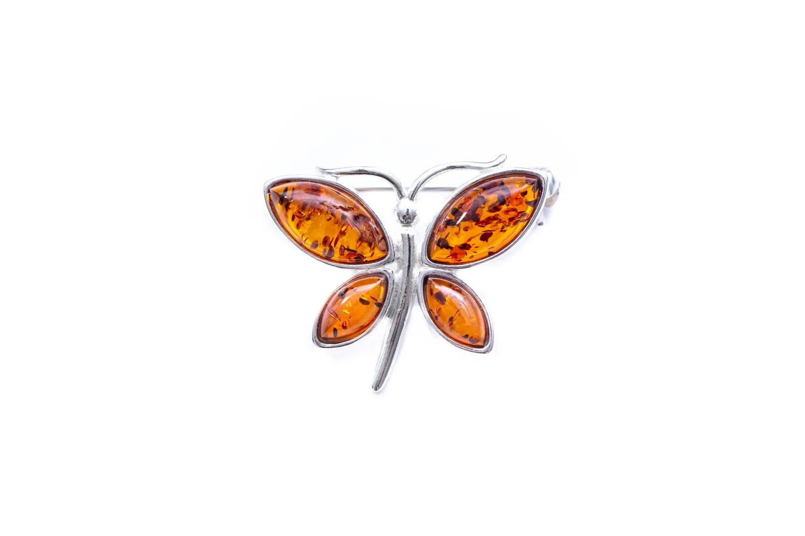 Small Amber Butterfly Brooch - Sterling Silver Frame, Cognac Amber, 25mm x 20mm