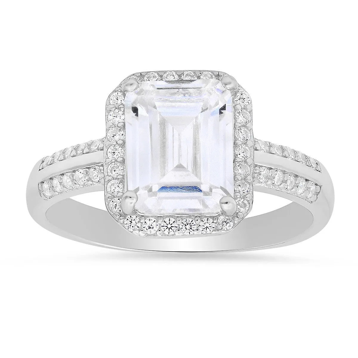 Sterling Silver Emerald-cut Halo CZ Ring