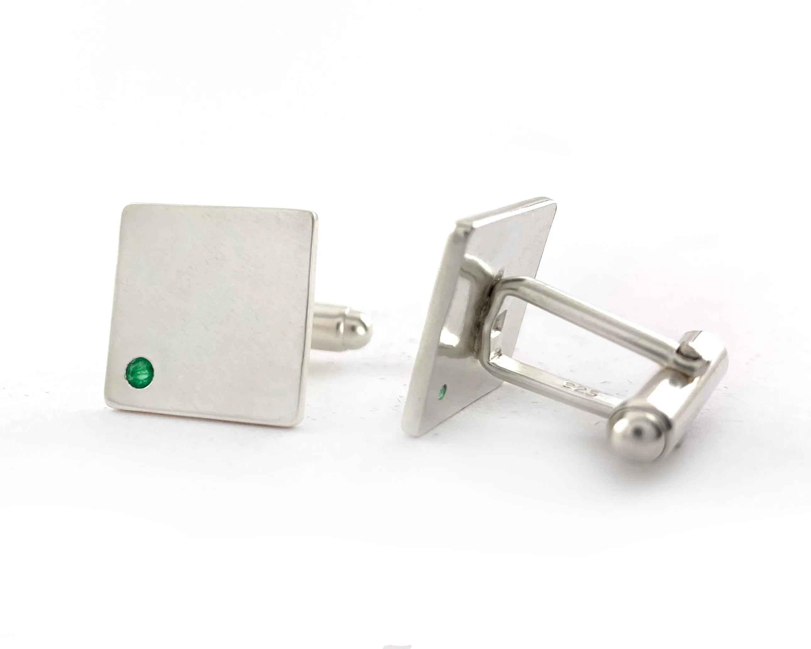 Sterling Silver Emerald Flush Set Cufflinks