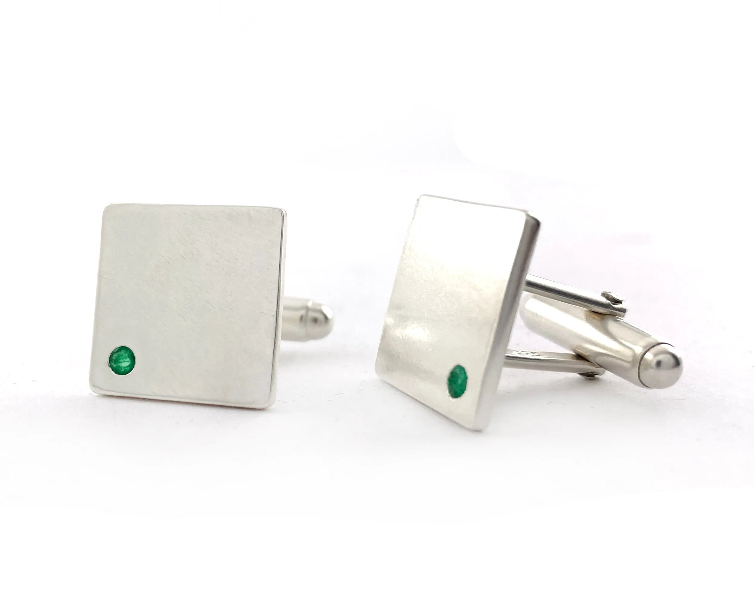 Sterling Silver Emerald Flush Set Cufflinks