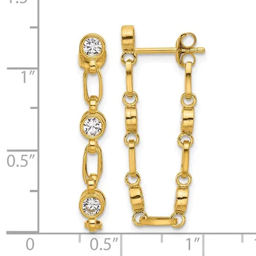 Sterling Silver Gold PlatedBezel CZ Chain Post and Dangle Earrings