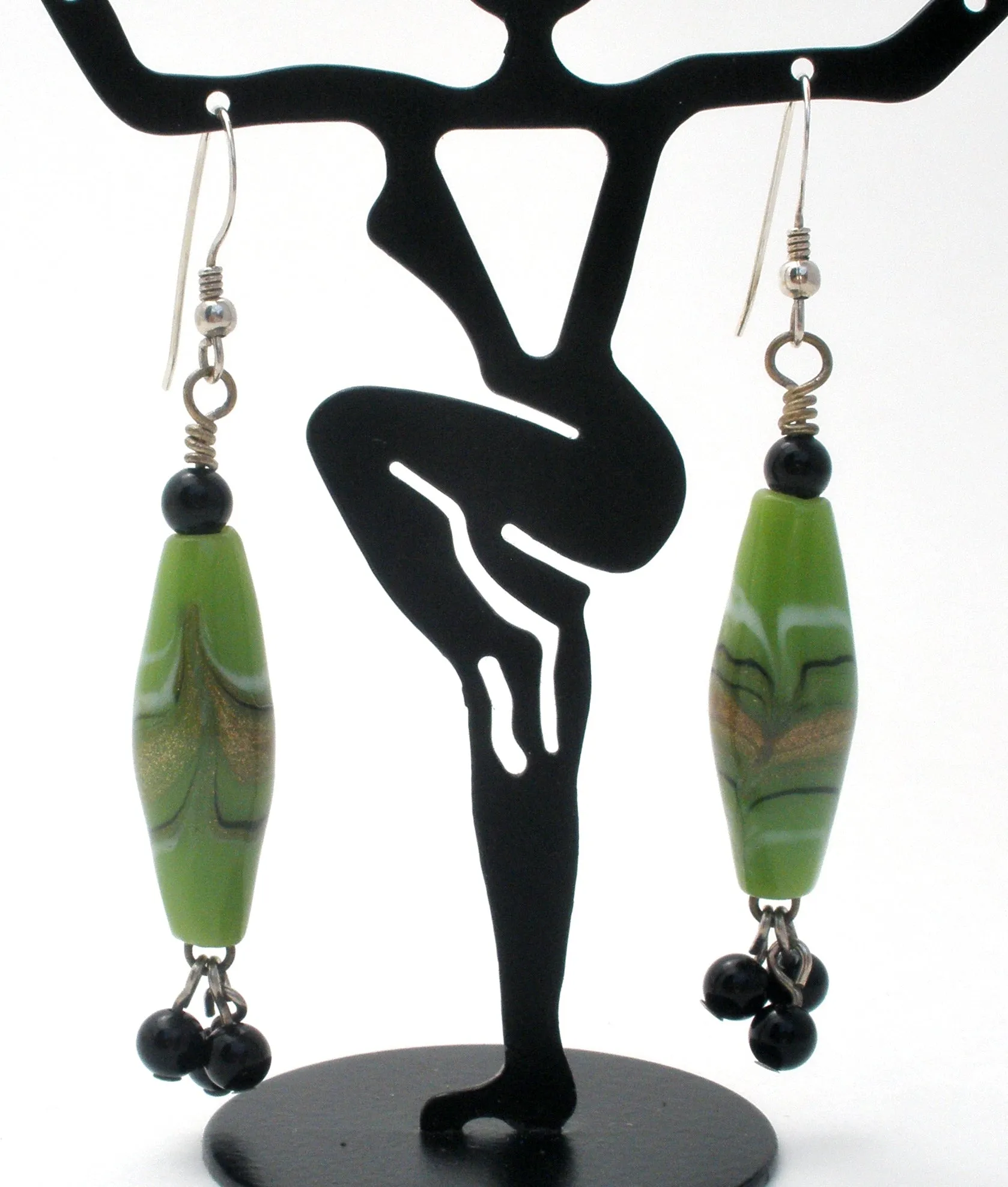 Sterling Silver Green Foiled Art Glass Bead Earrings