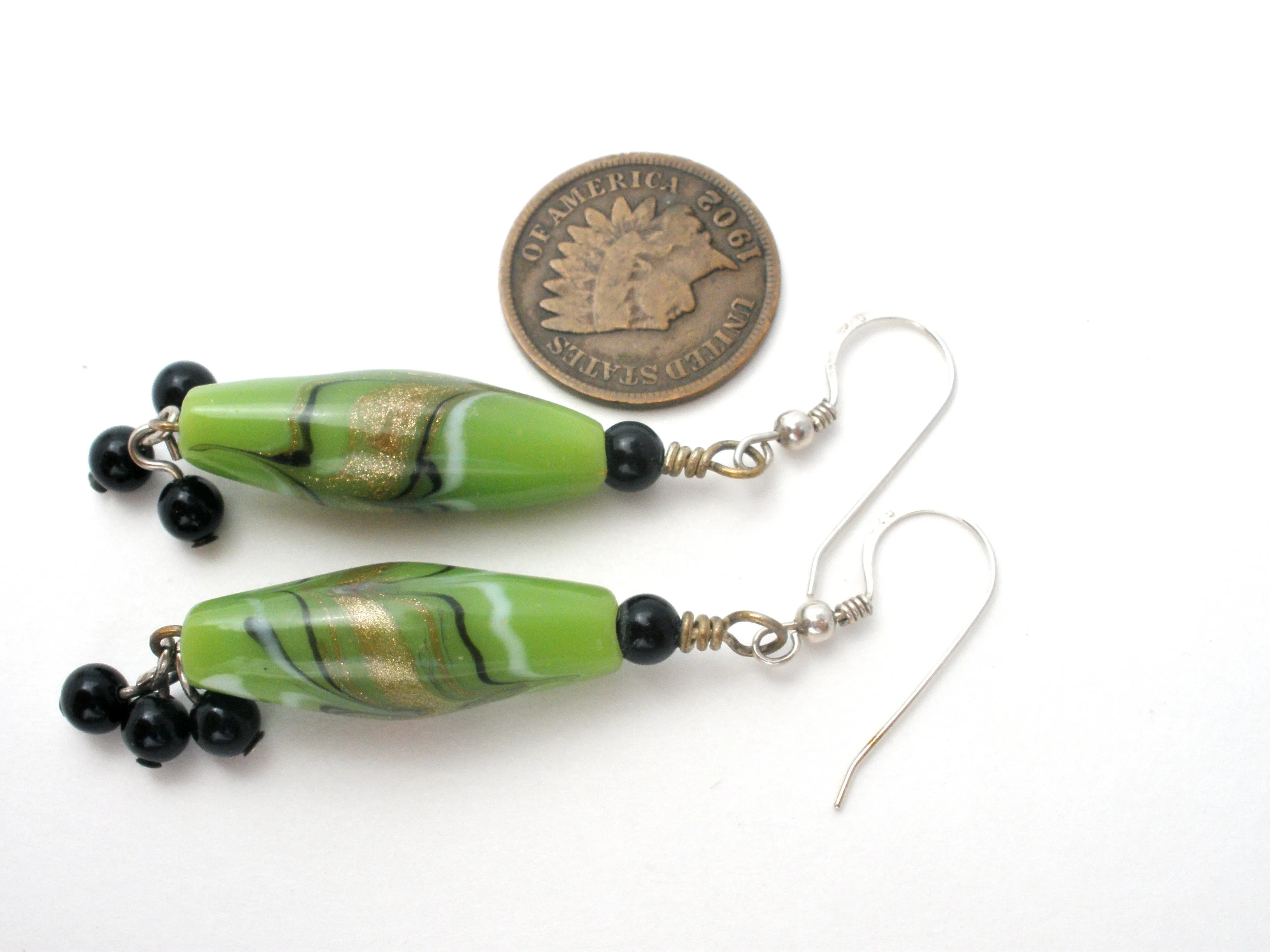 Sterling Silver Green Foiled Art Glass Bead Earrings