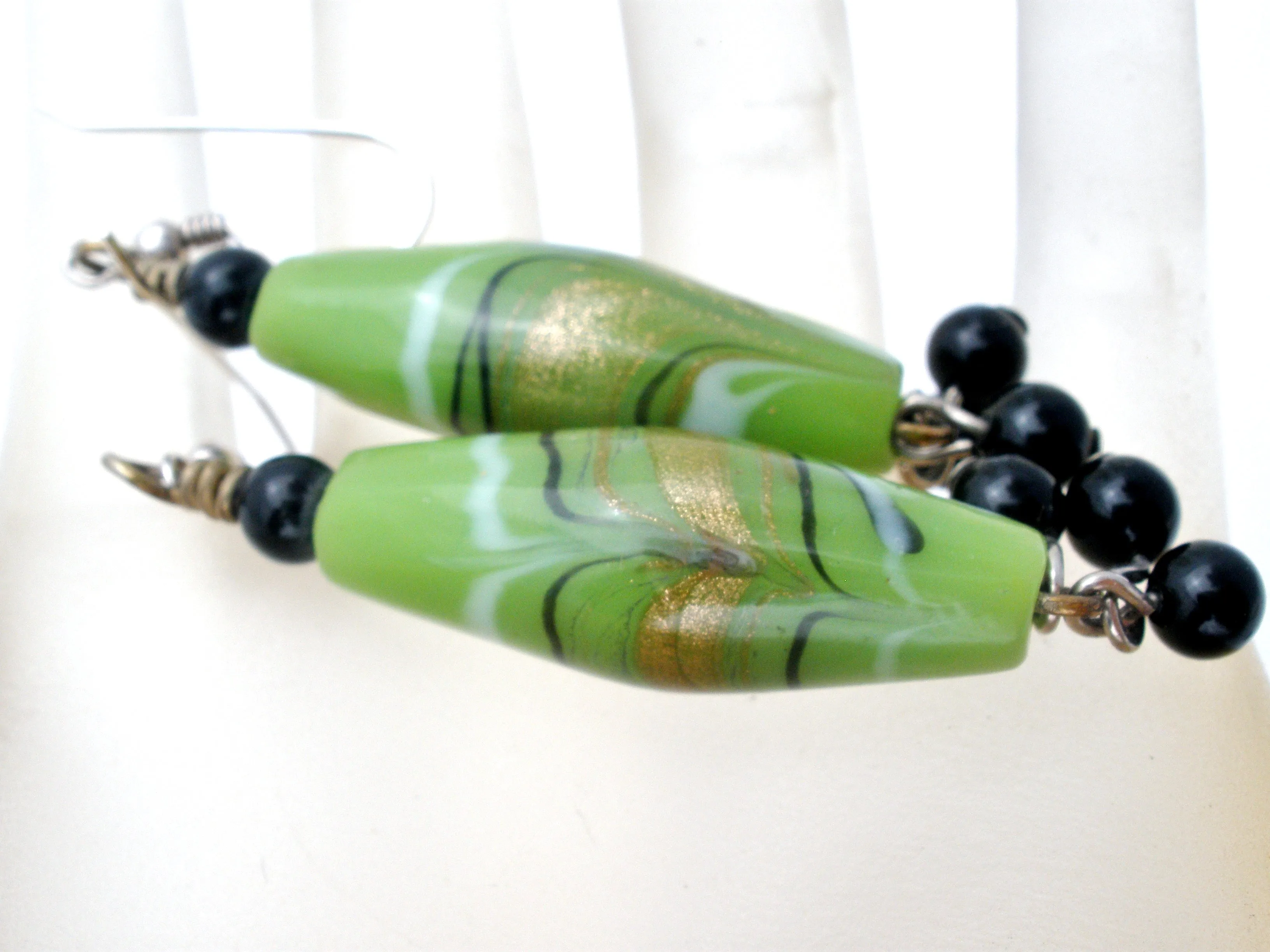 Sterling Silver Green Foiled Art Glass Bead Earrings