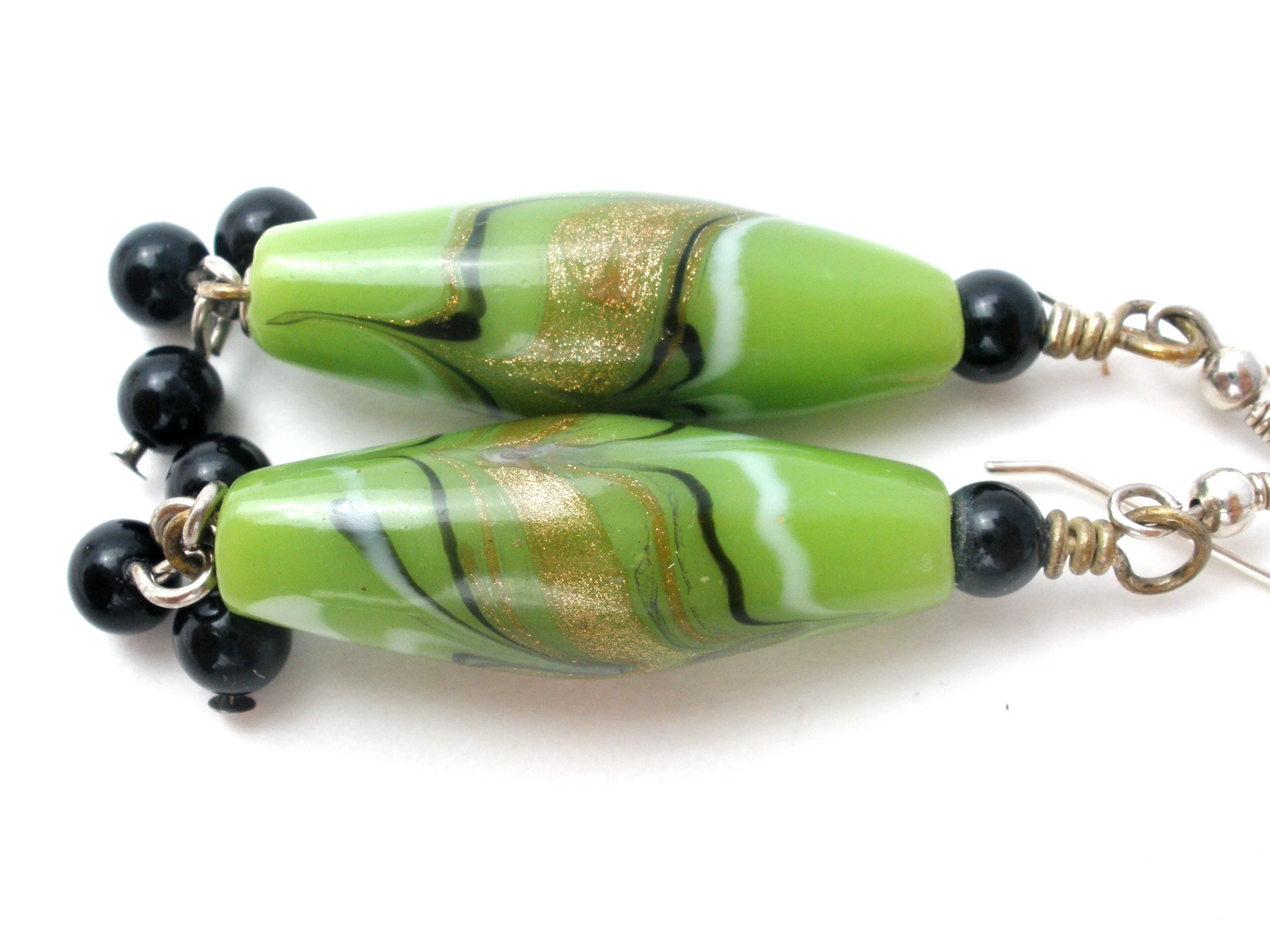 Sterling Silver Green Foiled Art Glass Bead Earrings