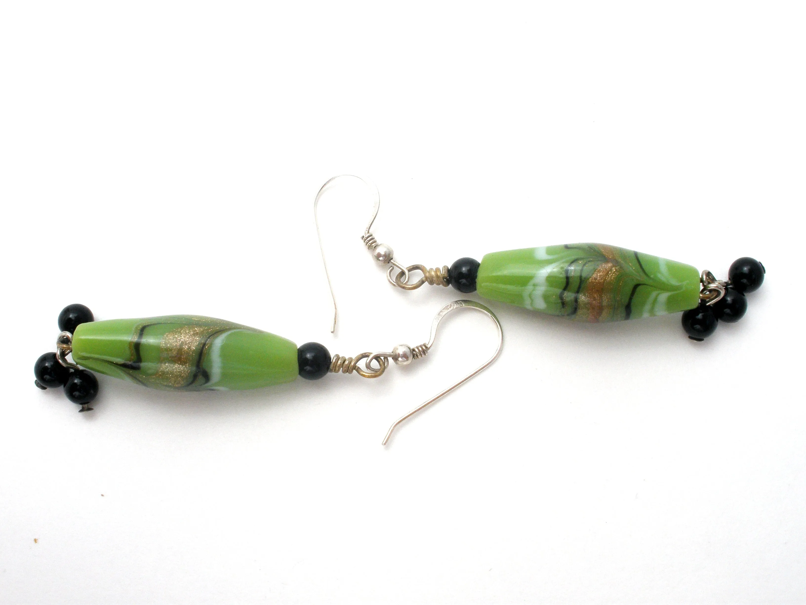 Sterling Silver Green Foiled Art Glass Bead Earrings