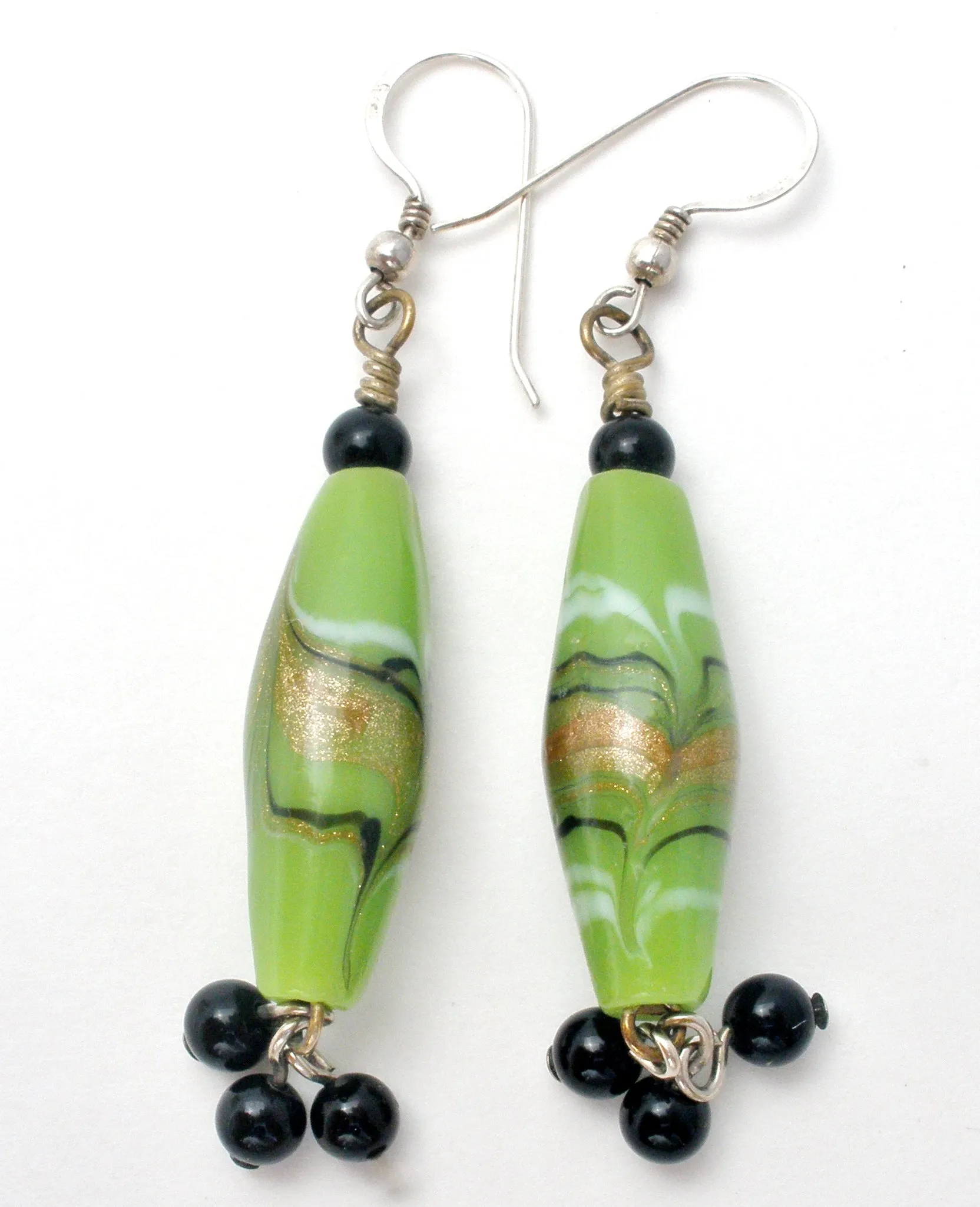 Sterling Silver Green Foiled Art Glass Bead Earrings