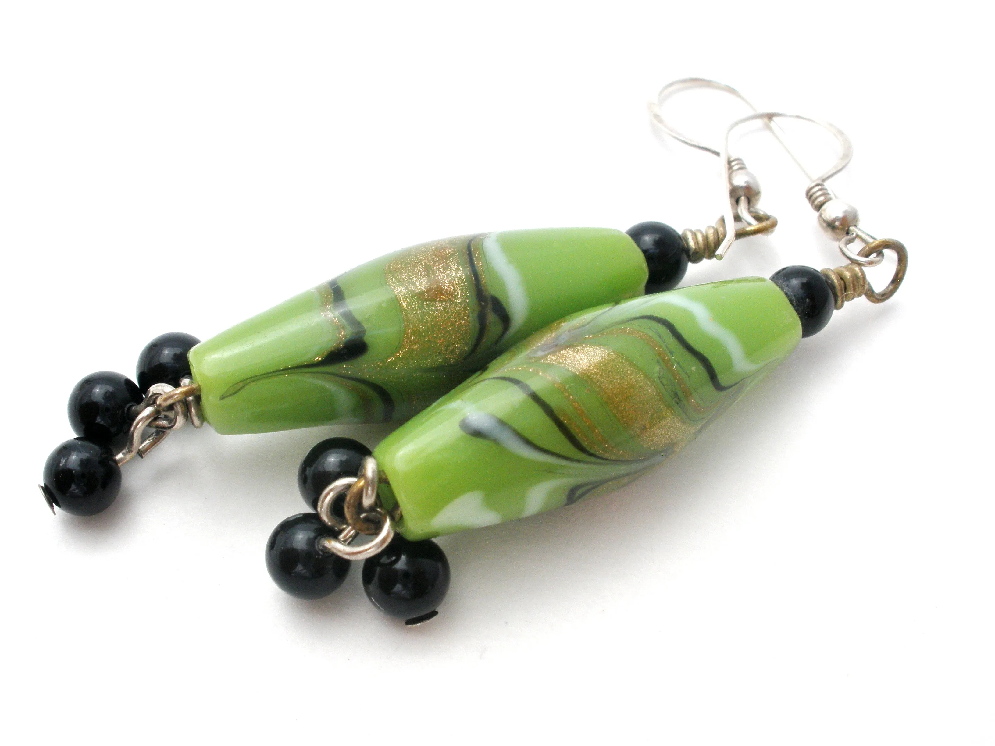 Sterling Silver Green Foiled Art Glass Bead Earrings