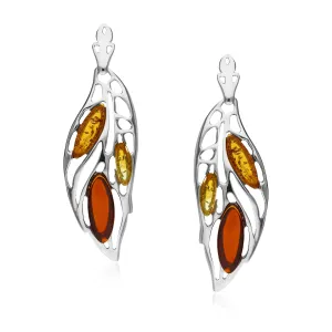 Sterling Silver Mixed Amber Large Leaf Drop Earrings