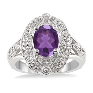 Sterling Silver Oval 9x7 Amethyst Diamond Halo Ring