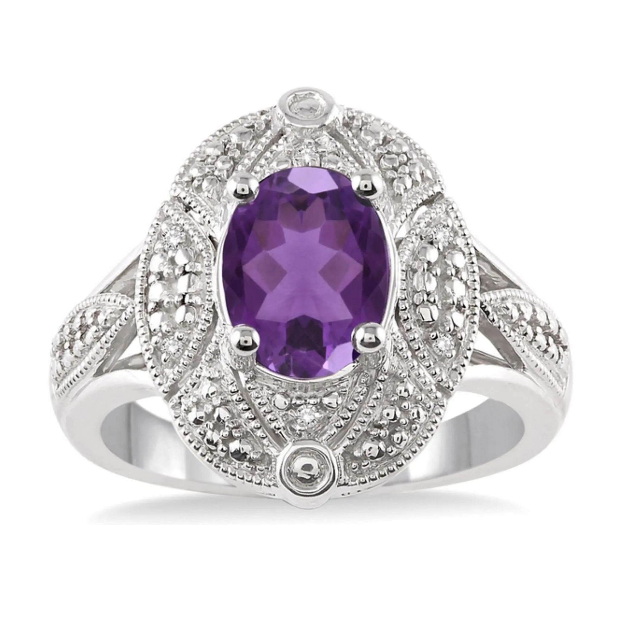 Sterling Silver Oval 9x7 Amethyst Diamond Halo Ring