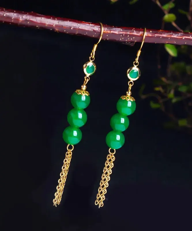 Sterling Silver Overgild 14K Gold Jade Tassel Drop Earrings