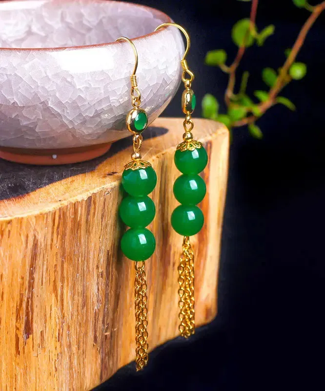 Sterling Silver Overgild 14K Gold Jade Tassel Drop Earrings