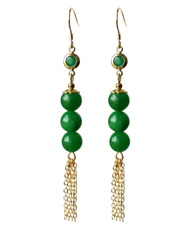 Sterling Silver Overgild 14K Gold Jade Tassel Drop Earrings