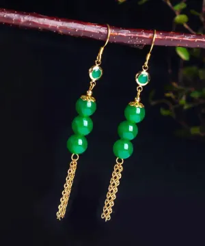 Sterling Silver Overgild 14K Gold Jade Tassel Drop Earrings