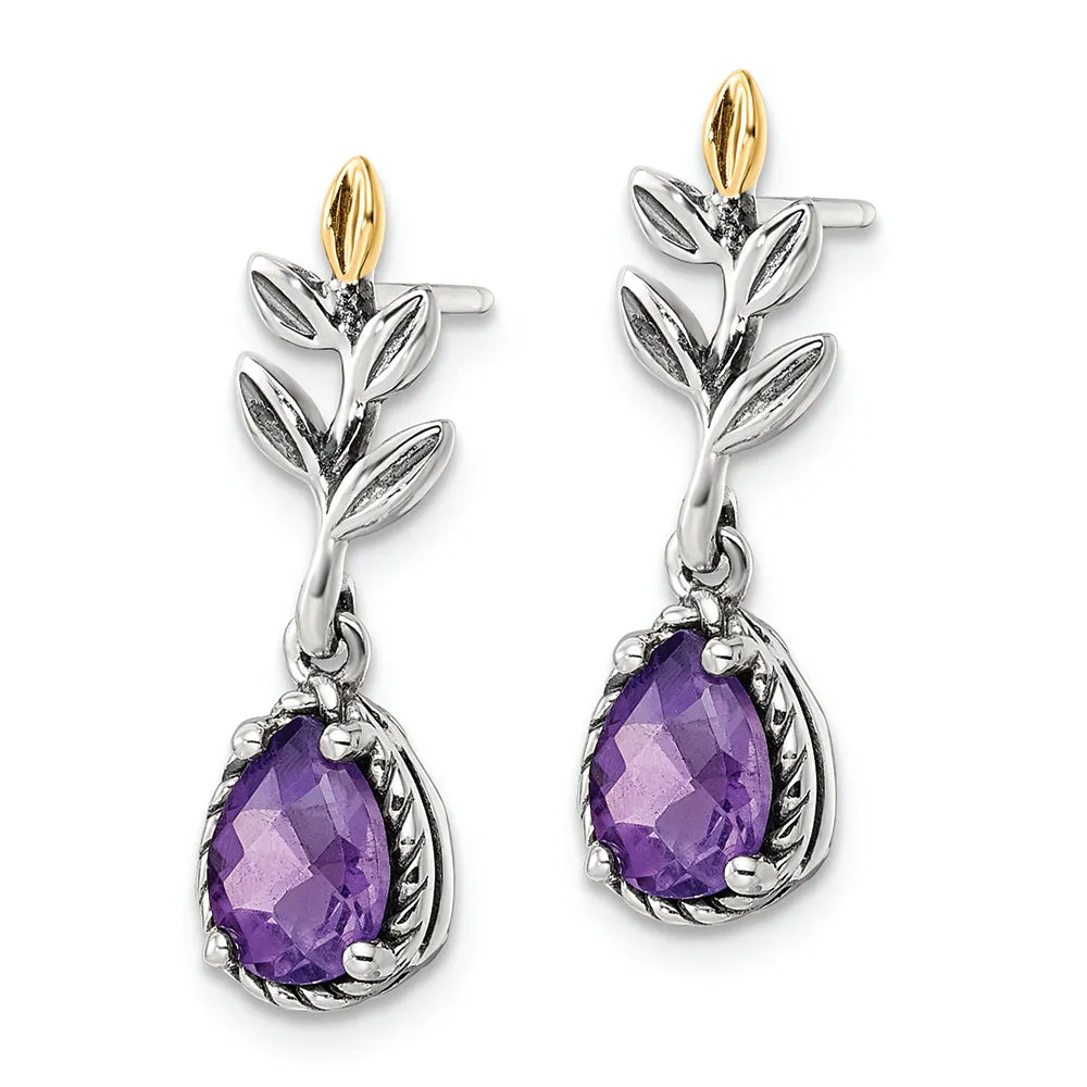 Sterling Silver w/14k Leaf 1.33AM Amethyst Dangle Post Earrings