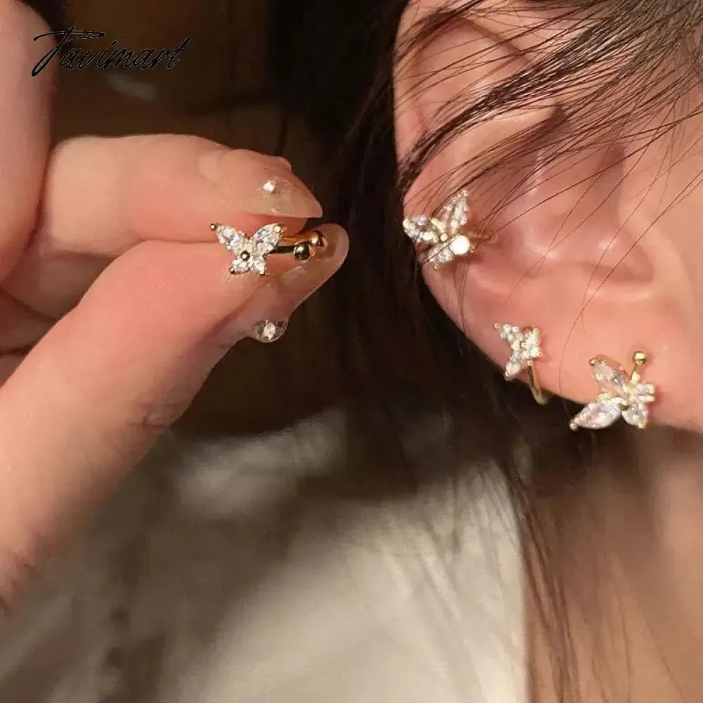 Tavimart 1Pcs Gold Color Zircon Butterfly Ear Clip Female Luxury Shiny Crystal Non-Piercing Fake Cartilage Ear Cuff Jewelry Gifts