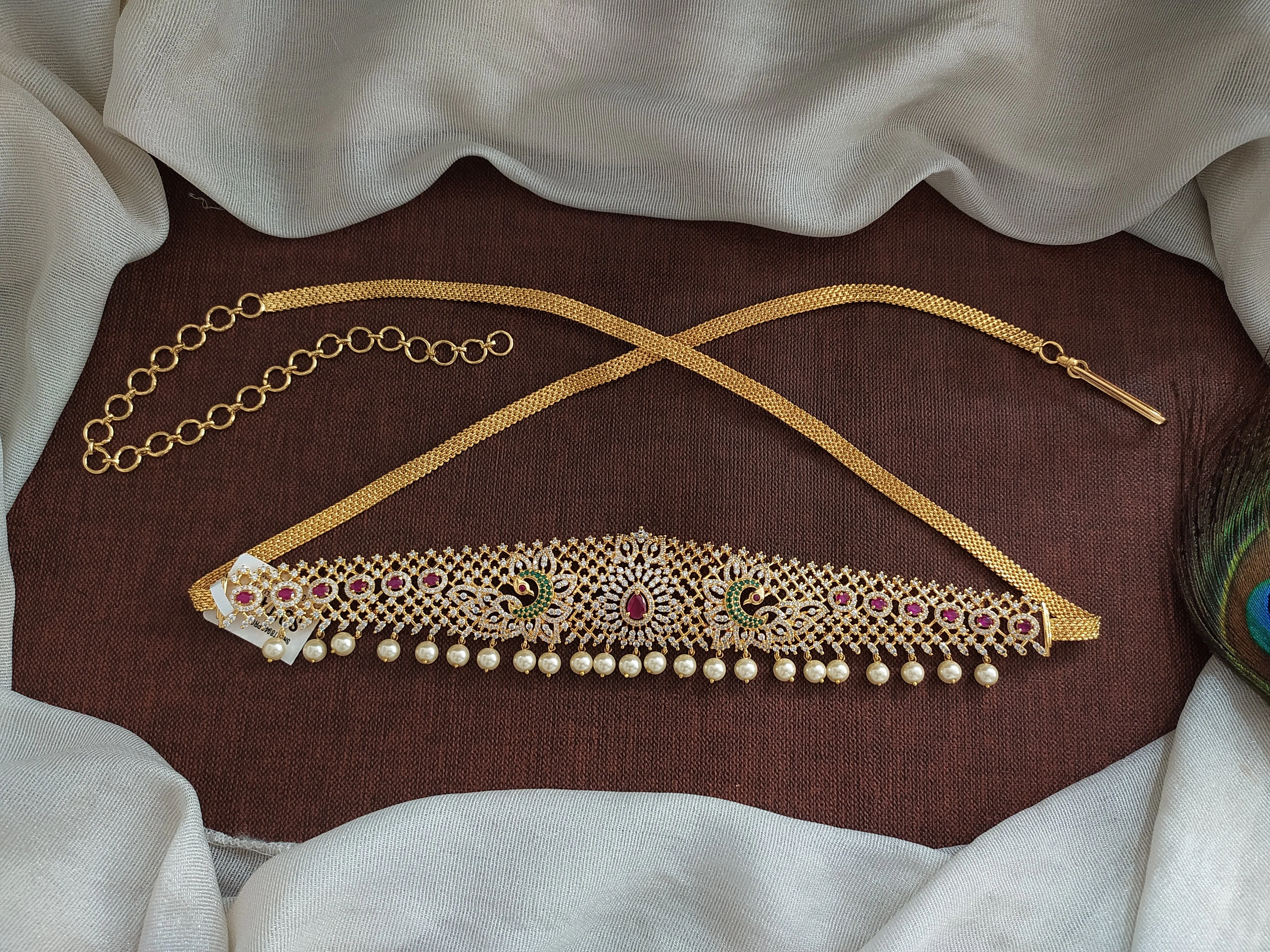 Unleash Your Inner Majesty With Dual Peacock Design Hip Chain with Pearl Elegance